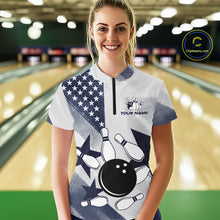 Load image into Gallery viewer, White and Blue American Flag Bowling shirts for Women Custom patriotic retro Bowling Team Jersey NQS10248