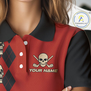 Red and Black argyle pattern Skull Golf Polo Shirts for Women Custom funny ladies golf outfit NQS10250