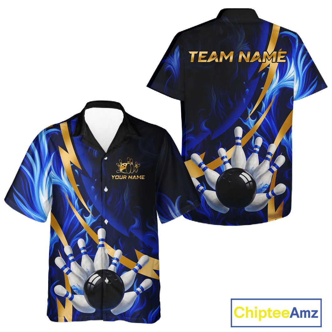 Personalized Bowling Hawaiian Shirt Custom Blue Flame and Gold Bowling Team Button Up Shirt NQS10446