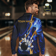 Load image into Gallery viewer, Personalized Bowling Polo, Quarter Zip Shirts for Men Custom Blue Flame and Gold Bowling Team Jersey NQS10446