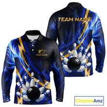 Load image into Gallery viewer, Personalized Bowling Polo, Quarter Zip Shirts for Men Custom Blue Flame and Gold Bowling Team Jersey NQS10446