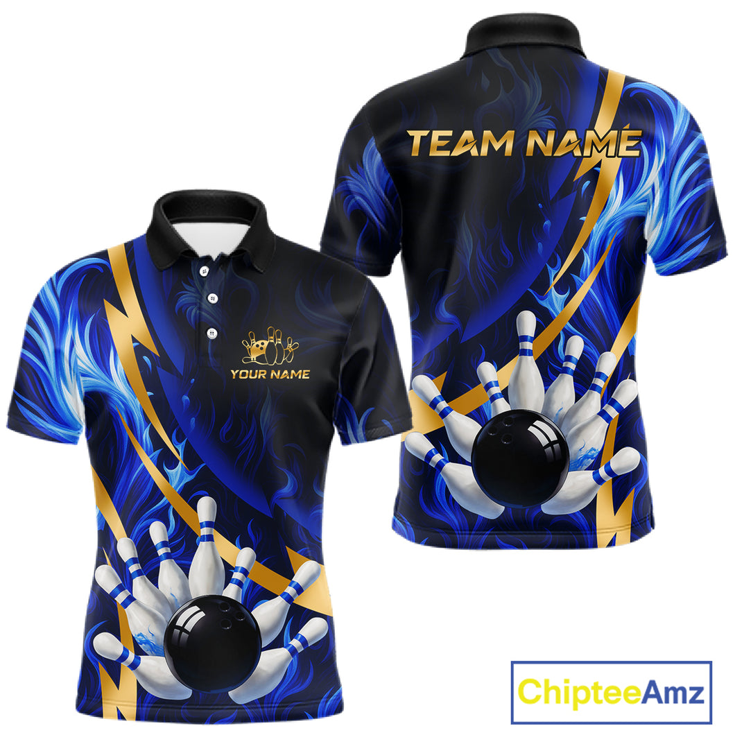 Personalized Bowling Polo, Quarter Zip Shirts for Men Custom Blue Flame and Gold Bowling Team Jersey NQS10446