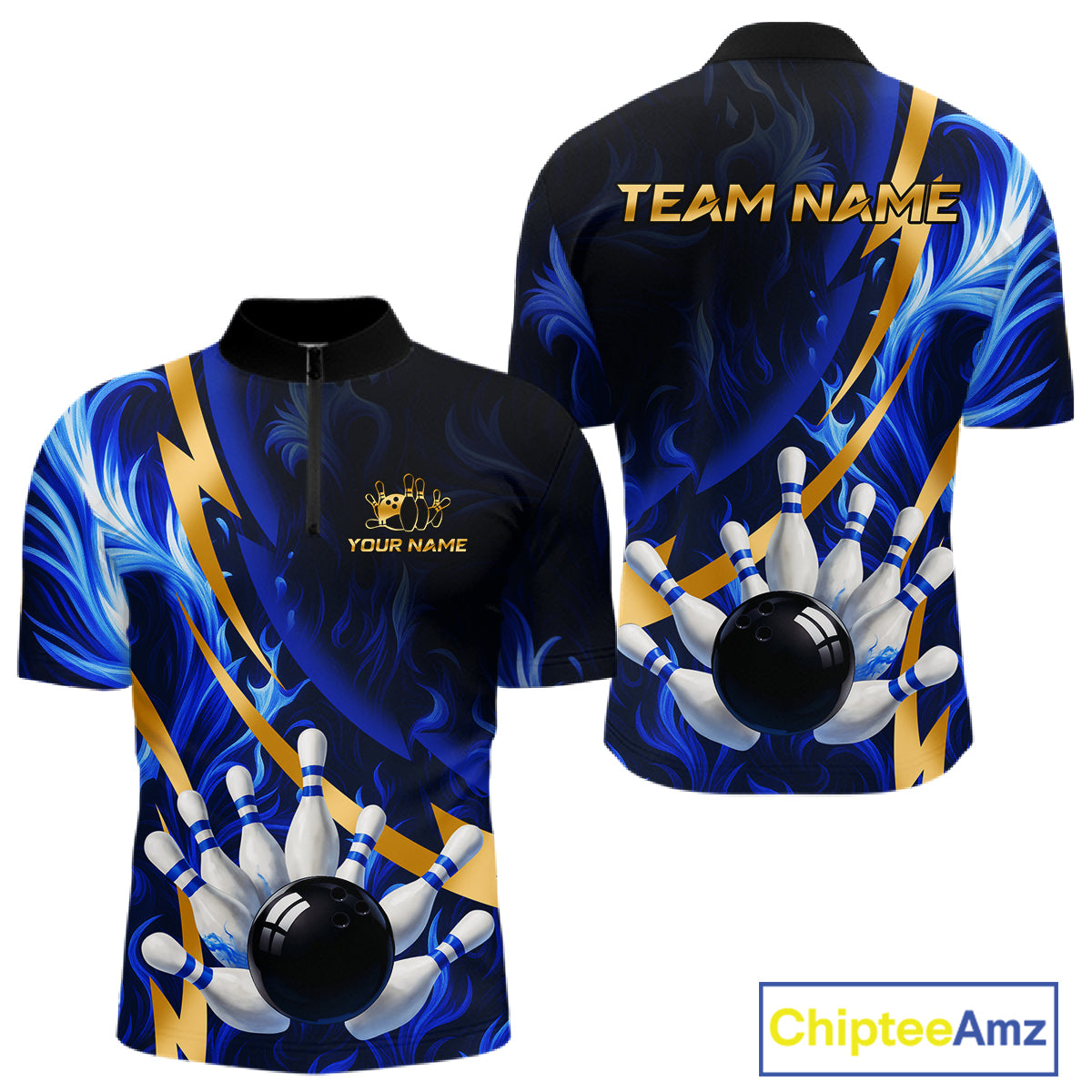Personalized Bowling Polo, Quarter Zip Shirts for Men Custom Blue Flame and Gold Bowling Team Jersey NQS10446
