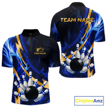 Load image into Gallery viewer, Personalized Bowling Polo, Quarter Zip Shirts for Men Custom Blue Flame and Gold Bowling Team Jersey NQS10446