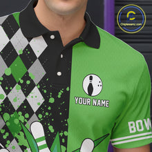 Load image into Gallery viewer, Custom Black and Green argyle pattern flame Bowling Team Jerseys, Bowling Polo, 1/4 Zip Shirt for Men NQS10450