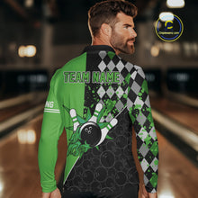 Load image into Gallery viewer, Custom Black and Green argyle pattern flame Bowling Team Jerseys, Bowling Polo, 1/4 Zip Shirt for Men NQS10450
