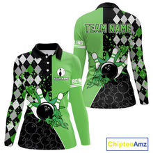 Load image into Gallery viewer, Custom Black and Green argyle pattern flame Bowling Team Jersey Bowling Polo, 1/4 Zip Shirt for Women NQS10450