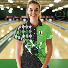 Load image into Gallery viewer, Custom Black and Green argyle pattern flame Bowling Team Jersey Bowling Polo, 1/4 Zip Shirt for Women NQS10450