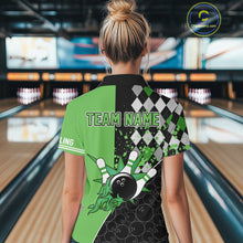 Load image into Gallery viewer, Custom Black and Green argyle pattern flame Bowling Team Jersey Bowling Polo, 1/4 Zip Shirt for Women NQS10450