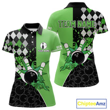 Load image into Gallery viewer, Custom Black and Green argyle pattern flame Bowling Team Jersey Bowling Polo, 1/4 Zip Shirt for Women NQS10450