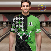 Load image into Gallery viewer, Custom Black and Green argyle pattern flame Bowling Team Jerseys, Bowling Polo, 1/4 Zip Shirt for Men NQS10450