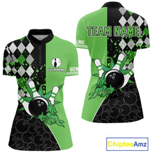 Load image into Gallery viewer, Custom Black and Green argyle pattern flame Bowling Team Jersey Bowling Polo, 1/4 Zip Shirt for Women NQS10450