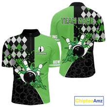 Load image into Gallery viewer, Custom Black and Green argyle pattern flame Bowling Team Jerseys, Bowling Polo, 1/4 Zip Shirt for Men NQS10450