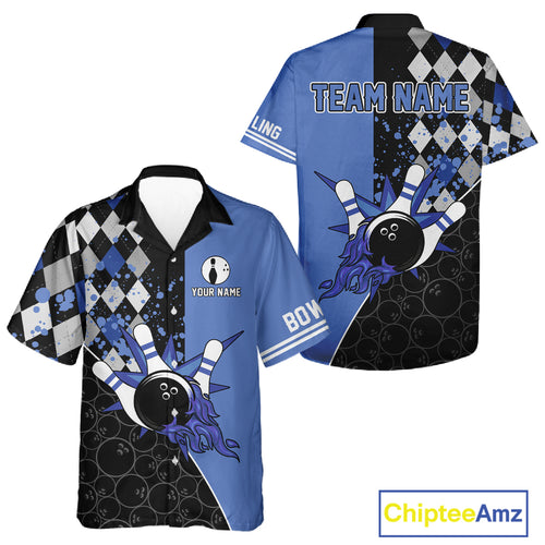 Custom Black and Blue argyle pattern flame Bowling Team Jersey Bowling Hawaiian Shirt NQS10451