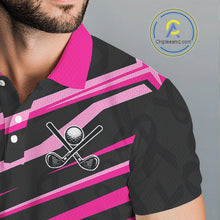 Load image into Gallery viewer, Pink and Black ribbon pattern Men golf polo shirts Custom breast cancer golf attire for men NQS10115
