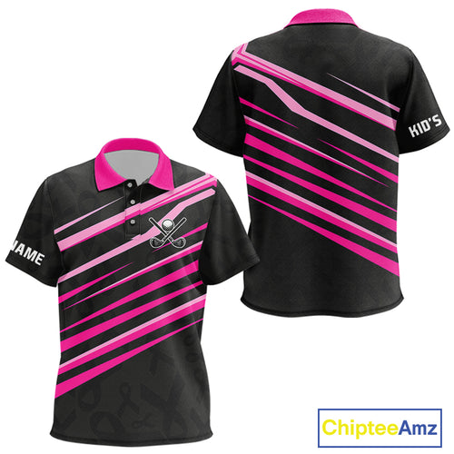 Pink and Black ribbon pattern Kid golf polo shirt Custom breast cancer golf attire for kid NQS10115