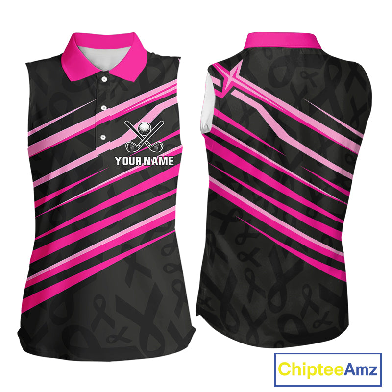Pink and Black ribbon pattern Women Sleeveless polo shirt Custom breast cancer golf attire for ladies NQS10115