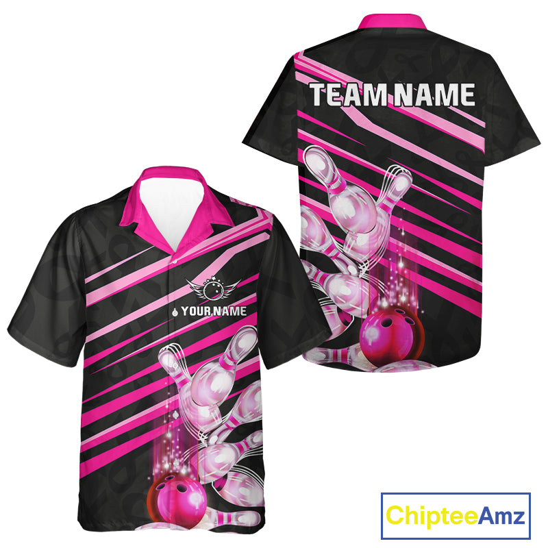 Pink & Black ribbon pattern Bowling Hawaiian Shirt Custom breast cancer awareness Team Bowling shirt NQS10116