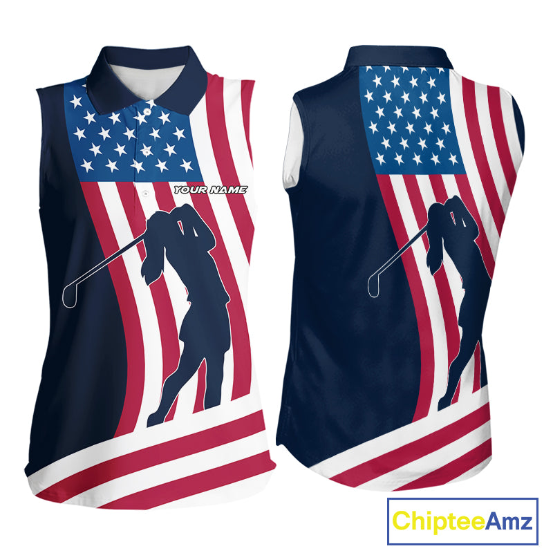American Flag Sleeveless Polo Shirt custom women's patriotic polo shirts, best golf shirts for ladies NQS10253