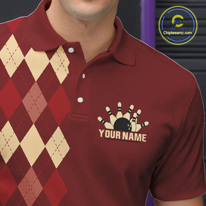 Red argyle pattern Bowling polo, 1/4 zip shirt for Men custom vintage bowling shirt, gift for bowlers NQS10255