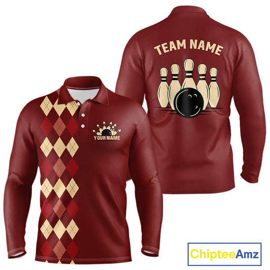Red argyle pattern Bowling polo, 1/4 zip shirt for Men custom vintage bowling shirt, gift for bowlers NQS10255