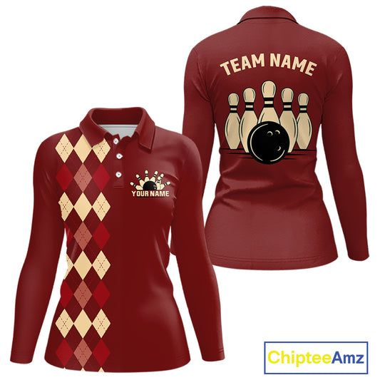 Red argyle pattern Women Bowling polo, 1/4 zip shirt custom vintage bowling shirt, gift for bowlers NQS10255