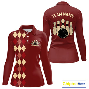 Red argyle pattern Women Bowling polo, 1/4 zip shirt custom vintage bowling shirt, gift for bowlers NQS10255