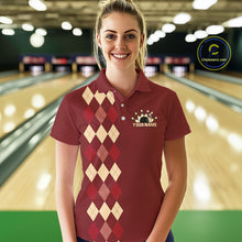 Load image into Gallery viewer, Red argyle pattern Women Bowling polo, 1/4 zip shirt custom vintage bowling shirt, gift for bowlers NQS10255
