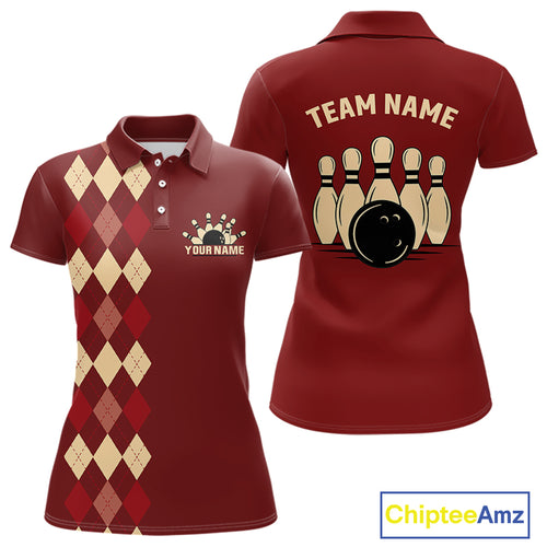 Red argyle pattern Women Bowling polo, 1/4 zip shirt custom vintage bowling shirt, gift for bowlers NQS10255