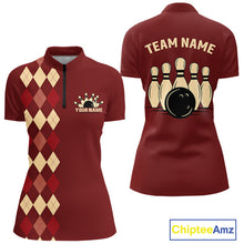 Load image into Gallery viewer, Red argyle pattern Women Bowling polo, 1/4 zip shirt custom vintage bowling shirt, gift for bowlers NQS10255