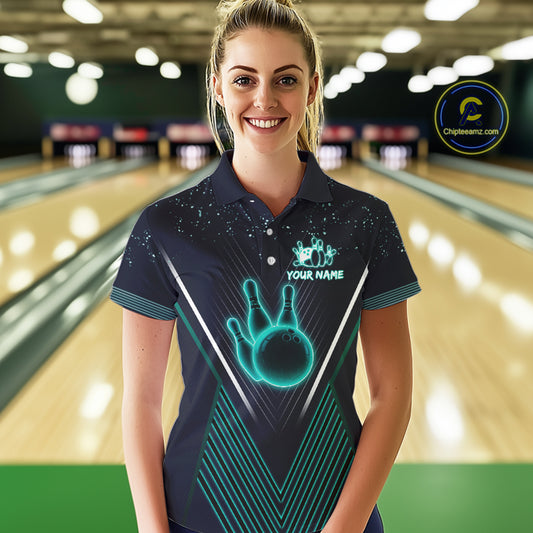 Bowling polo, quarter zip shirt for Women custom team bowling jersey, gift for bowlers | Turquoise NQS10256