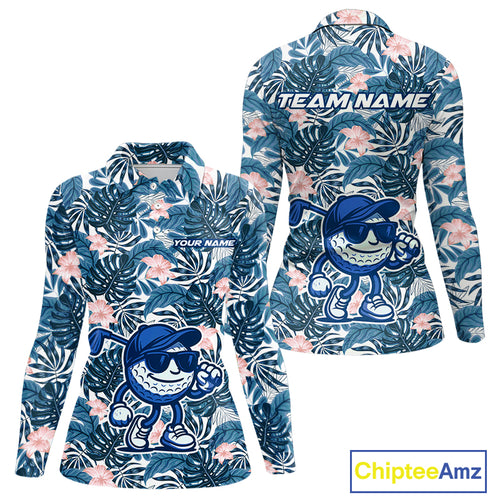 Blue tropical leaf pattern pink flower funny Golf polo shirts for Women Custom ladies golf outfits NQS10119