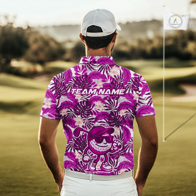 Pink tropical flower leaf pattern funny Golf polo shirts For Men Custom mens golf outfits NQS10120