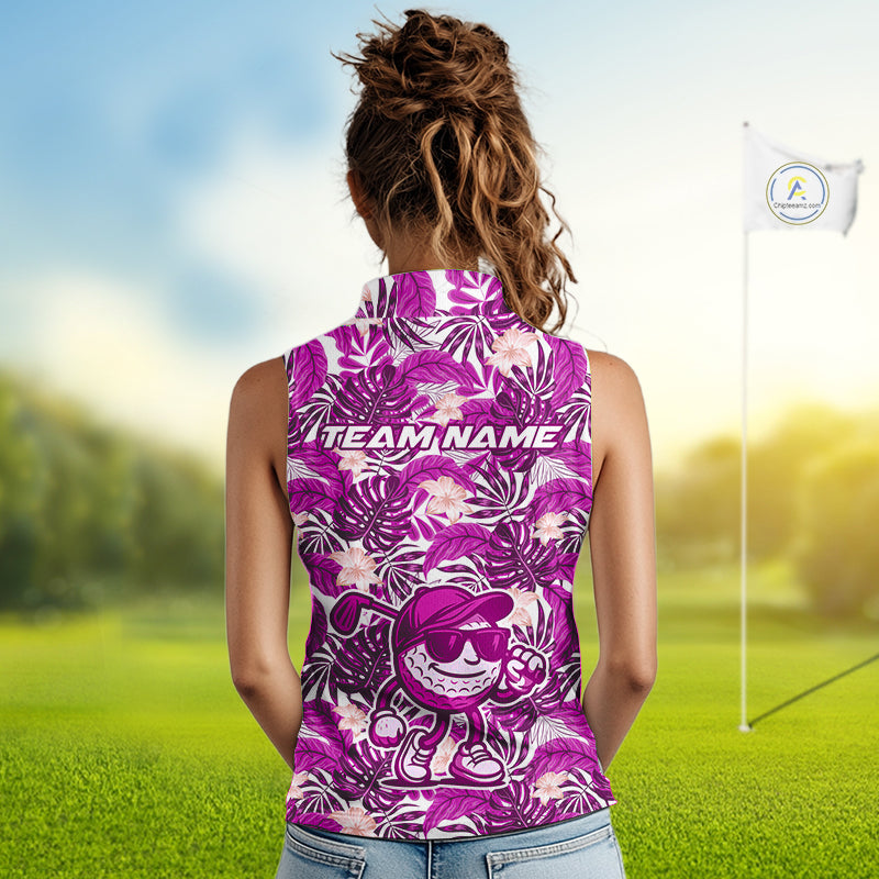Pink tropical flower leaf pattern funny Sleeveless Golf polo shirts Custom ladies golf outfits NQS10120