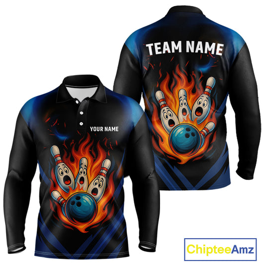 Blue and Black Flame Bowling shirts for Men custom funny bowling ball and pins team bowler jerseys NQS10260