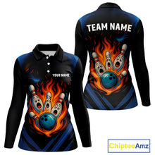 Load image into Gallery viewer, Blue and Black Flame Bowling shirts for Women custom funny bowling ball and pins team bowler jerseys NQS10260