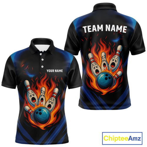 Blue and Black Flame Bowling shirts for Men custom funny bowling ball and pins team bowler jerseys NQS10260