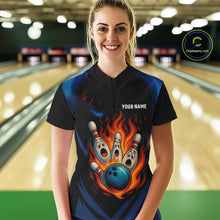 Load image into Gallery viewer, Blue and Black Flame Bowling shirts for Women custom funny bowling ball and pins team bowler jerseys NQS10260