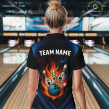 Load image into Gallery viewer, Blue and Black Flame Bowling shirts for Women custom funny bowling ball and pins team bowler jerseys NQS10260