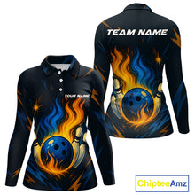Load image into Gallery viewer, Blue and Yellow Flame Bowling shirts for Women custom bowling team jerseys for ladies bowler NQS10262