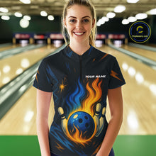 Load image into Gallery viewer, Blue and Yellow Flame Bowling shirts for Women custom bowling team jerseys for ladies bowler NQS10262