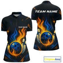 Load image into Gallery viewer, Blue and Yellow Flame Bowling shirts for Women custom bowling team jerseys for ladies bowler NQS10262