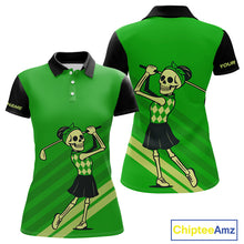 Load image into Gallery viewer, Funny argyle pattern Skull Golf Polo Shirt for Women Custom ladies golf attire, cool golf gift| Green NQS10655