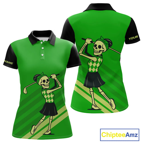 Funny argyle pattern Skull Golf Polo Shirt for Women Custom ladies golf attire, cool golf gift| Green NQS10655