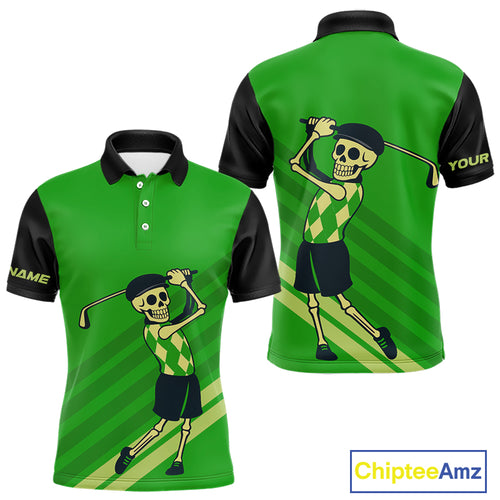 Funny argyle pattern Skull Golf Polo Shirts for men Custom mens golf attire, cool golf gifts | Green NQS10655