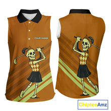 Load image into Gallery viewer, Funny argyle pattern Skull Sleeveless Polo Shirt Custom ladies golf attire, cool golf gift | Orange NQS10656