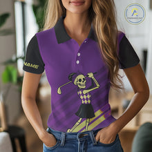 Load image into Gallery viewer, Funny argyle pattern Skull Women Golf Polo Shirt Custom ladies golf attire, cool golf gift | Purple NQS10657