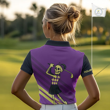 Funny argyle pattern Skull Women Golf Polo Shirt Custom ladies golf attire, cool golf gift | Purple NQS10657