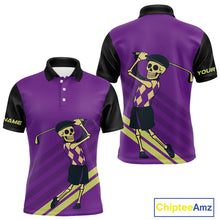 Load image into Gallery viewer, Funny argyle pattern Skull Golf Polo Shirts for men Custom mens golf attire, cool golf gifts | Purple NQS10657