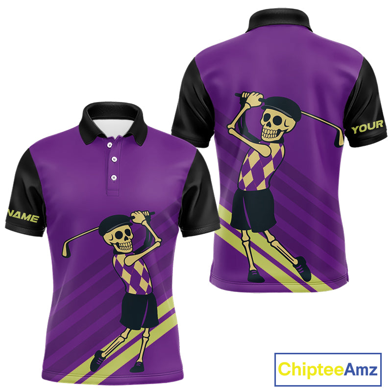 Funny argyle pattern Skull Golf Polo Shirts for men Custom mens golf attire, cool golf gifts | Purple NQS10657
